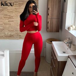 Kliou Two Piece Sets Women Solid Autumn Tracksuits High Waist Stretchy Sportswear Hot Crop Tops And Leggings Matching Outfits Y0625