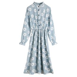 Sky Blue Mandarin Collar Long Sleeve Loose Floral Print Button Knee Length Shirt Dress Corduroy Autumn D1442 210514