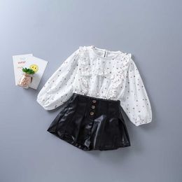 2-7 years high quality girl clothing set autumn fashion casual polka dot shirt + leather pant kid children clothes 210615