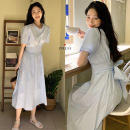 Korean Chic Elegant O Neck Waist Slim Round Neck Pleated Bandage Bow Short Sleeve Dress Women All-match Minimalism Summer 210610