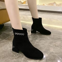 Solid Flock Ankle Boots for Women Warm Plush Winter Boots Women Shoes Woman Heart Print Zip Square Mid Heels Boots Botas Mujer