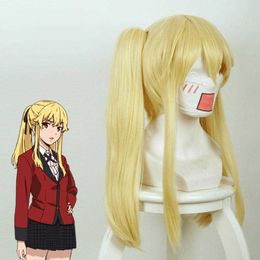 50cm Light Golden Kakegurui Compulsive Gambler Mary Saotome Wig Synthetic Hair Cosplay Wigs + 2 Clip on Ponytails Y0913