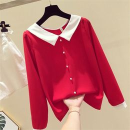 Spring Korea Fashion Women Long Sleeve Chiffon Shirt Preppy Style Peter Pan Collar Patchwork Loose Shirts Female Blouses D185 210512