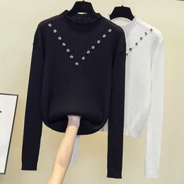 Women Spring Autumn Half Turtleneck Knitted Oversized Sweater Solid Female Soft Elastic Pullovers Button Long Sleeve Top 210604