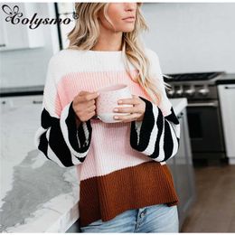 Colysmo Casual Sweater Women Autumn Winter Clothes O-neck Long Flare Sleeve Striped Sweaters Loose Knitted Pullover Pink 210527