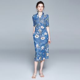 Women Summer Elegant Floral Denim Dress High Quality Female zipper Vintage Designer Runway Dresses Vestidos 210520