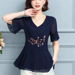 Flowers Chiffon Shirt Summer V Neck Clothing Style Women's Tops Short Sleeve Loose Pullover Blusa 992G 210420
