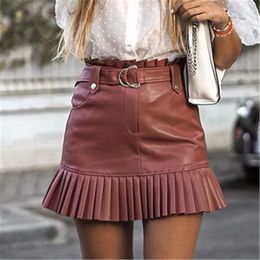 Women chic PU leather skirt ruffles bow tie sashes pockets zipper fly pleated female basic fashion mini skirts mujer 210430