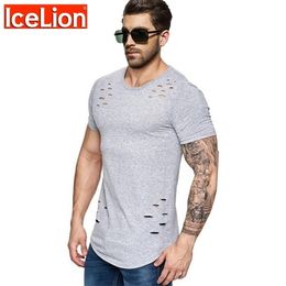 IceLion New Spring Short T Shirt Men Fashion Hole Design Fitness T-shirt Summer Short Sleeve Solid Slim Fit Hip Hop Tshirt 210409