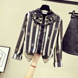 Spring Autumn Women's Blouse Korean Style Lace Stitching Striped Chiffon shirt Top Loose Long Sleeve Casual Female Tops GX481 210507