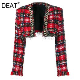 Slim Fit Short Jacket V-neck Long Sleeve Women Red Plaid Chain Stitch Coat Fashion Tide Spring Autumn 7E0831 210421