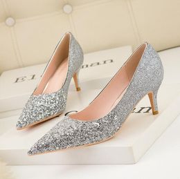 Woman Pumps Silver Champagne High Heels Stiletto Wedding Shoes Sequins Women Heels Fashion Ladies Shoes Party Shoes