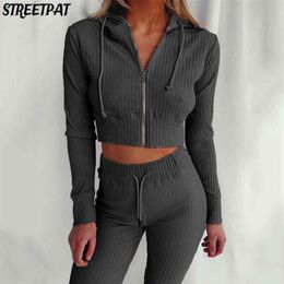 Ribbed Hoodie Two Piece Set Tracksuit Women Long Sleeve Sweatshirt Pencil Pants Suit Joggers Sport Fitness Outfits Sweatsuits 210709