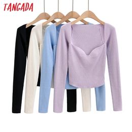 Tangada autumn women solid thin sweater long sleeve elegant office lady knitted jumper tops 4P2 210914