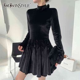 Velour Black Dress For Women Stand Collar Long Sleeve High Waist Elegant Mini Dresses Female Fashion Clothing 210520