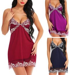 Ladies Nightdress Women Sexy Sleepwear Lace Slim Sleeveless Backless Hollow Out Flower Pattern Transparent Middle Waist Solid Colour Sling V Neck 4 Colours WMD