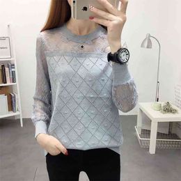 Spring And Autumn Women's Lace Splicing Knitwear Long Sleeve Loose Thin Sweater Bottoming Shirt Top 210427