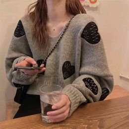 Vintage Hearted Women Pullover Sweater Fashion Soft Knitted Sweaters Female Casual Auturm Winter Loose Pull Femme 210514