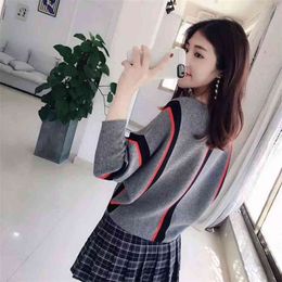 Autumn Winter Sweater Women O-Neck Loose Knitted Pullover Female Pull Femme Batwing Sleeve Striped 210427