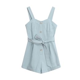 Solid Light Blue Pocket Sleeveless Tank V Neck Playsuits Romper Short Summer J0122 210514