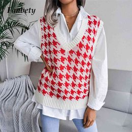 Autumn V-Neck Casual Loose Knit Vest Sweater Women Fashion All-Match Pullover Tops College Style Diamond Print Tank 210915