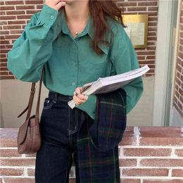 Spring Korea Fashion Women Long Sleeve Loose Green Shirts All-matched Casual Turn-down Collar Solid Blouses Tops V258 210512