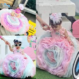 Colorful Flower Girls Dress 3D Floral Appliques Pearls Beading Children Birthday Party Dresses Ball Gown Wedding Prom Formal Wear