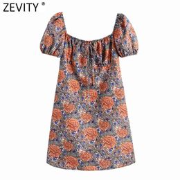 Women Vintage Totem Floral Print Casual Slim Mini Dress Female Chic Puff Sleeve Back Elastic Summer Vestidos DS8260 210416