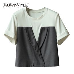 Casual Patchwork Hit Colour Tops For Women O Neck Short Sleeve Loose T Shirt Female Fashion Clothing Style 210524