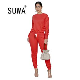 Solid Women Pink Clothing Matching Sets Sweatshirts Stacked Jogger Sweatpants Suit Tracksuit Casual Two Piece Set Fitness Outfit 210525