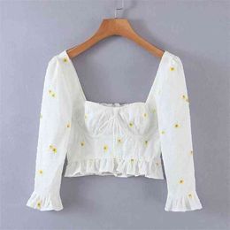 Women Daisy Embroidery Crop Top Sexy Square Neck Summer White Tops Fashion Blusas 210514