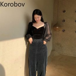 Korobov Korean Chic Square Collar Pullover Party Blouse Women Sexy Open Collarbone Long Sleeve Slim Blusas Retro Shirt 210430