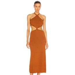 Summer Women Halter Hollow Out Bandage Dress Sexy Sleeveless Brown Celebrity Evening Runway Club Party Maxi 210423