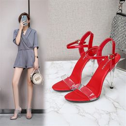 Sexy Fish Mouth Sandals Ladies Walking Show Stripper Heels Clear Stilettos Woman Platforms High Shoes Black White Red Dress