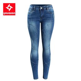 2086 Youaxon Women`s Crossing Line Patchwork Plus Size Brand Mid Low Waist Stretch Skinny Pants Jeans For Women Denim Jean 210708
