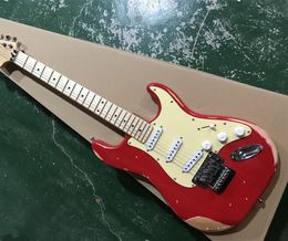 Red relic body electric guitar, Yellow pickguard and Maple fingerboard, SSS pickups,Chrome hardware,Provide customized services