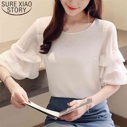 Fashion Women Chiffon Blouses Short Sleeve O-neck Tops Office Lady Casual Clothing Puff 4706 50 210506