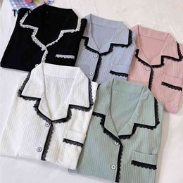 Toppies Primavera Lace Emenda pijama de algodão conjunto para mulheres sleepwear camisas de manga comprida e calças elásticas cintura loungewear 210412