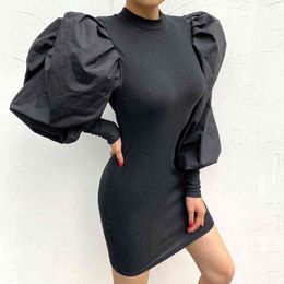 Ribbed Knit Vintage Long Puff Sleeve Patched Mini Y2k Dresses For Women Winter Bodycon Lady Short Black Sheath Party Dress 210415
