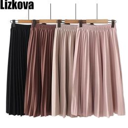 Lizkova Pink Pleated Skirt Women Plus Size Midi Jupes Spring Mujer Elastic Waist Casual Fladas PYQ011 210401