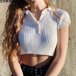 Sexy crop sweater women pullover summer ribbed cropped kawaii polo shirt white knitted streetwear 210520