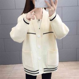 Autumn winter knitted Korean women's sweaters women loose outer wear lazy knit sweater cardigan jacket 210427