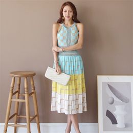 Maxi knit Dress korean ladies Summer SLeeveless Crew neck Plaid loose Party A line Dresses for women clothing 210602