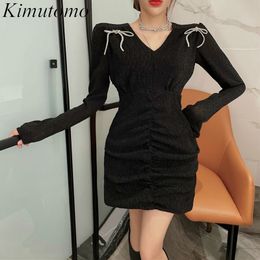 Kimutomo Fashion Spring Autumn Bow Dresses Women V-neck Long Sleeve Slim High Waist Solid Mini Vestidos Elegant Korea Chic 210521