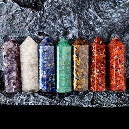 7 Chakra Star Gemstone Group Healing Crystal Quartz Energy Stone Hexagonal Point Array Statue Figurines with Obsidian Stand