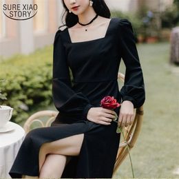 French Retro Chiffon Dress Women Black Square Collar Temperament Puff Long Sleeves Waist-length Clothing for Ladies 13234 210508
