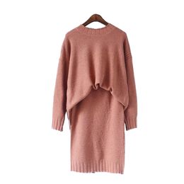 Women Knit Brown White Black Coral Crew Neck Long Sleeve Pullover Knee Length Pencil Skirt Two Piece Set Solid T0047 210514