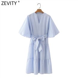 Women Vintage V Neck Striped Print Bow Tie Sashes Kneeth Dress Female Puff Sleeve Chic Business Party Vestido DS5057 210416