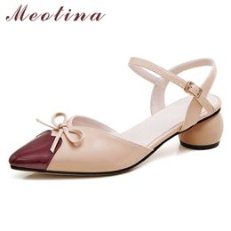 Meotina Shoes Women Bow Mid Heel Sandals Pointed Toe Round Heels Buckle Strap Ladies Sandals Summer Apricot Black Big Size 43 210608