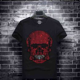 rhinestone skull clothing Australia - 2021 Rhinestones Red Skulls T Shirts Men Fashion Clothing Slim Short Sleeve Streetwear O Neck Modal Cotton Calaveras Camiseta G1115